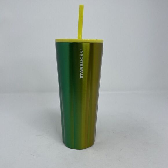 STARBUCKS Venti Stainless Steel Lime Puffy Cold Cup NEW Green Ombre Speckled Top - Picture 1 of 9